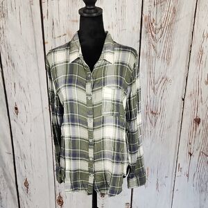 Aerie Flannel Button Down Shirt S Olive Green Blue White Plaid